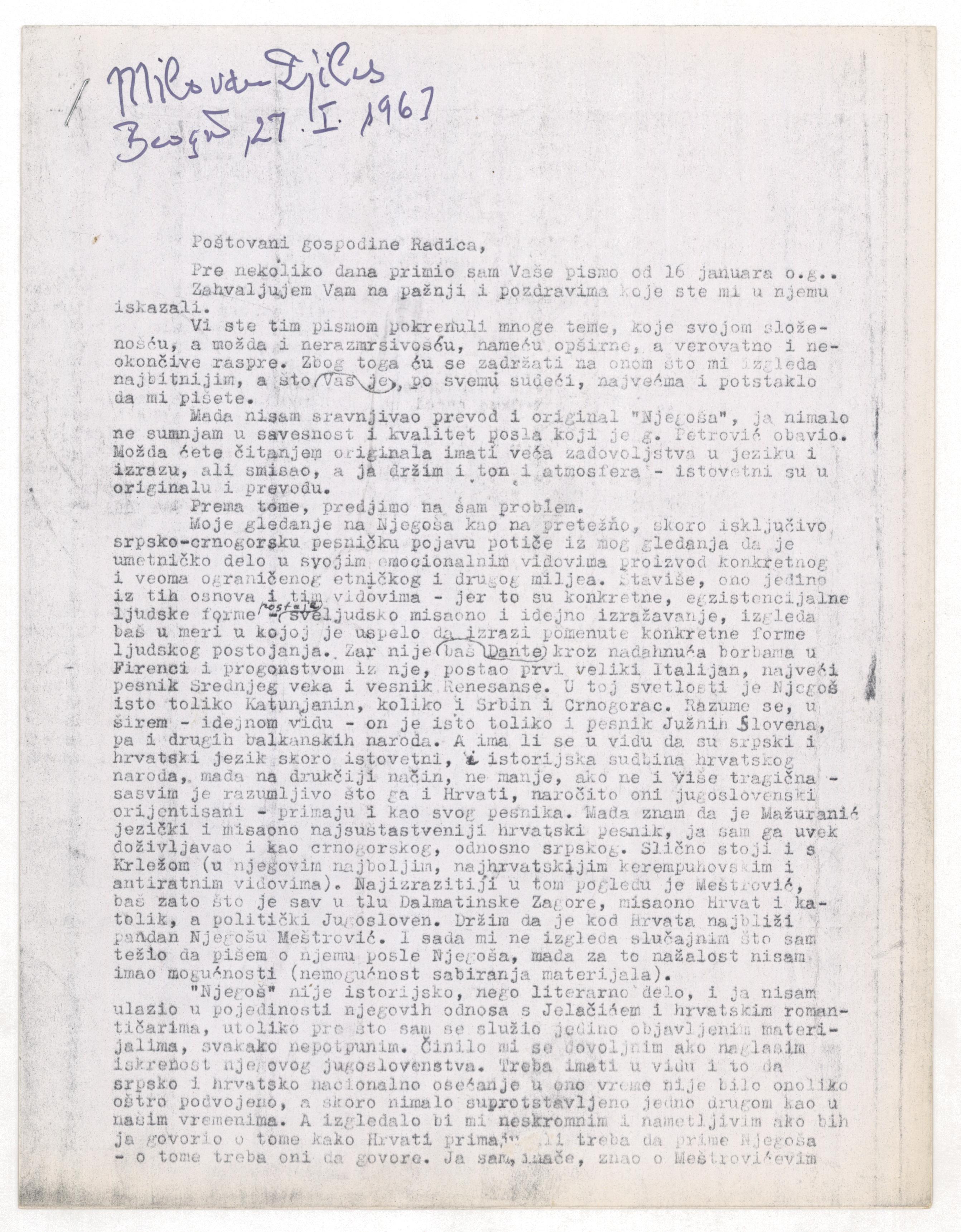 Letter of Milovan Đilas to Bogdan Radica, 27 January 1967